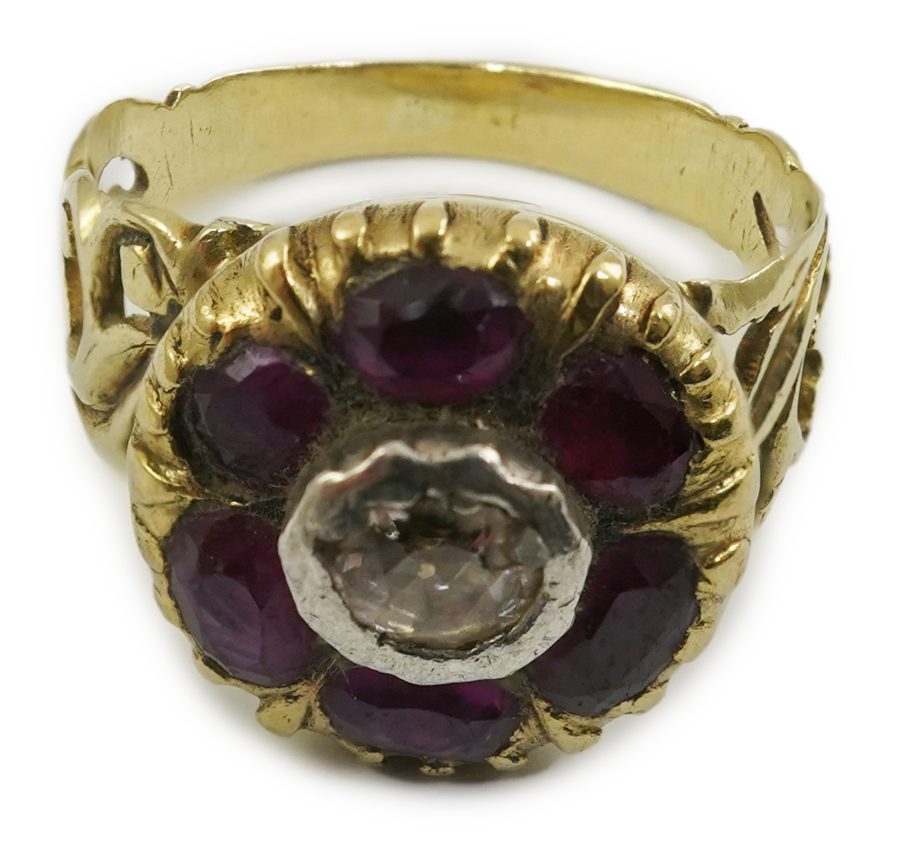 A Georgian gold, ruby and diamond circular cluster ring